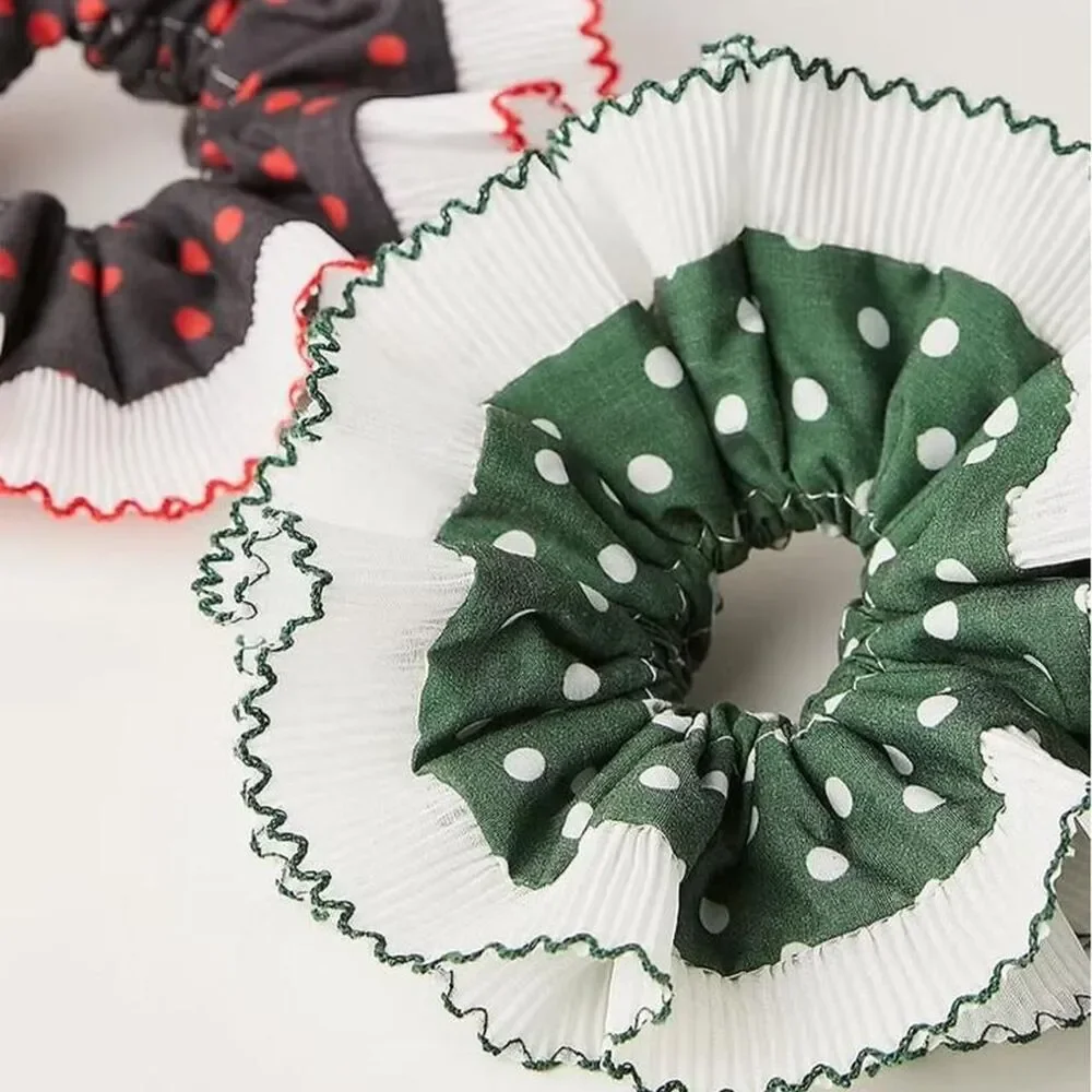 Free People Blue Valentine Scrunchie Hair Accessory Green White Polka Dot NEW